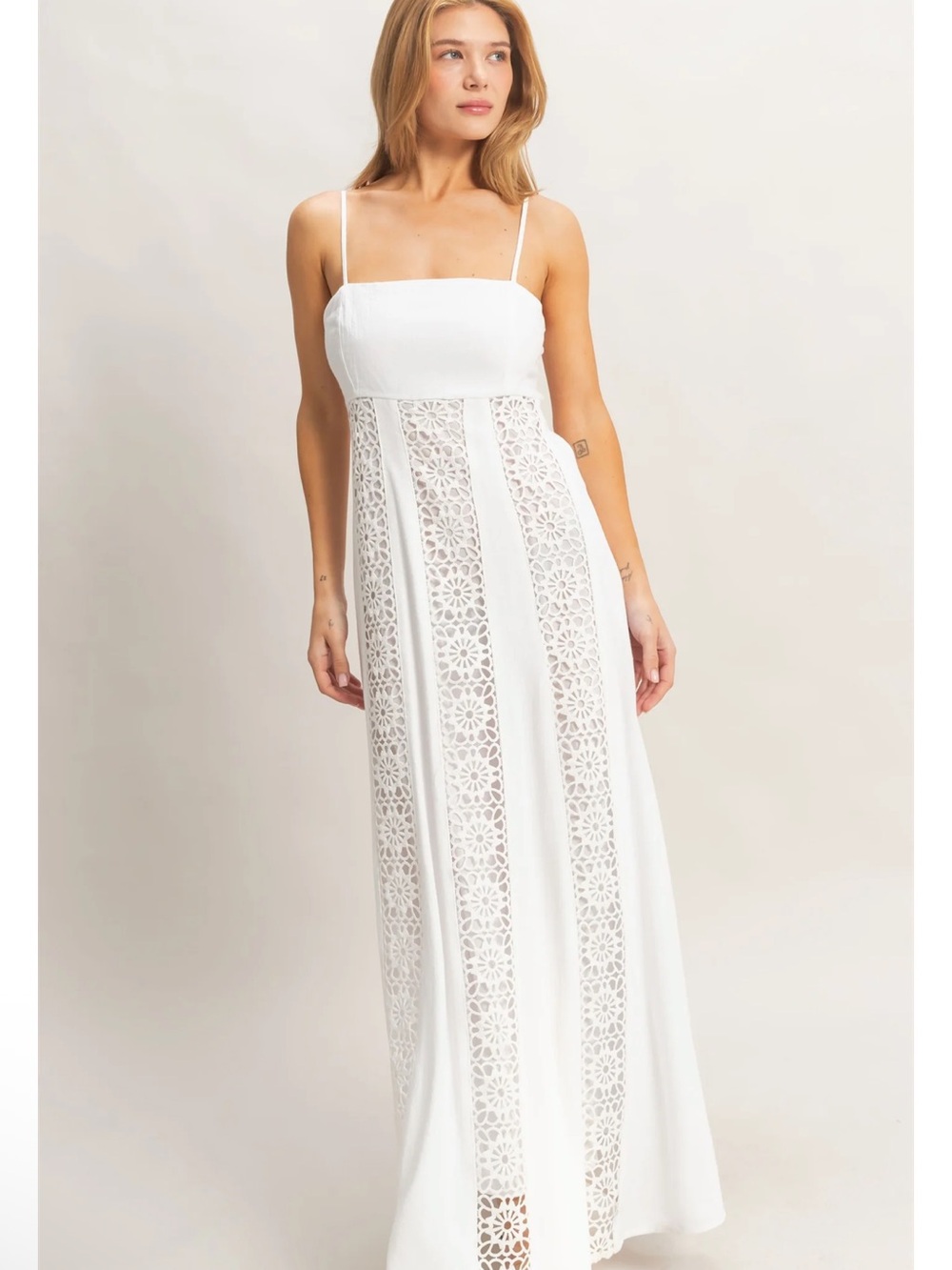 NEW HYFVE White Linen Blend Lace Panel Maxi Dress – Small